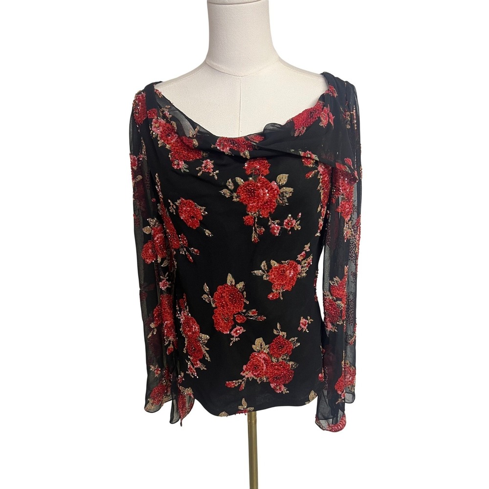 Dark Floral Slit Sleeves Sequined Long Sleeve Cowl Neck Top M Whimsigoth Fairy‎
